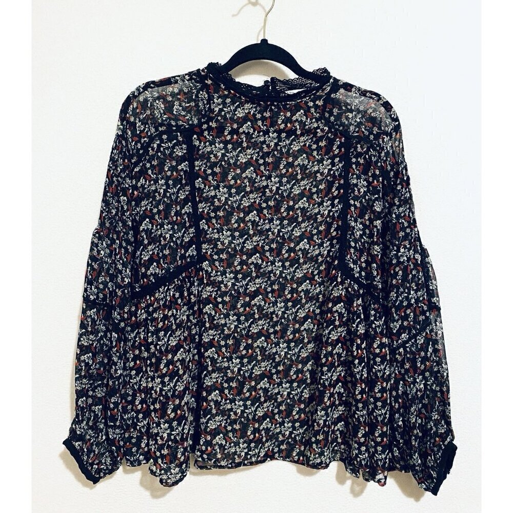 Zara Top Womens Large Black Floral Chiffon Pleated Puffy Sleeve Sheer Romantic